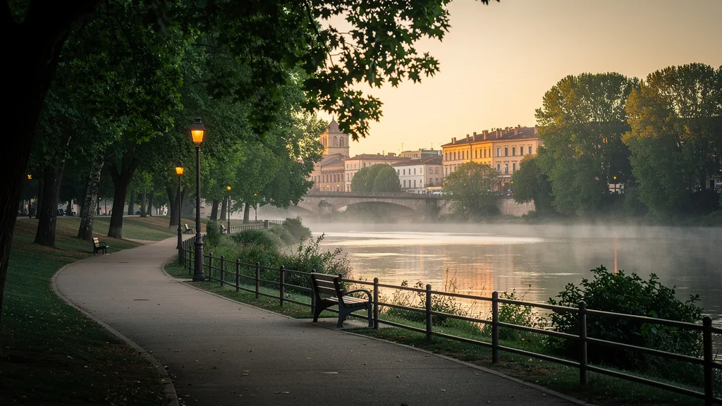 Allee d un parc en bord de riviere au crepuscule a Toulouse