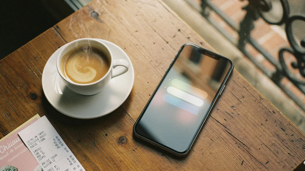 Smartphone et application de rencontre sur une table de cafe a Toulouse