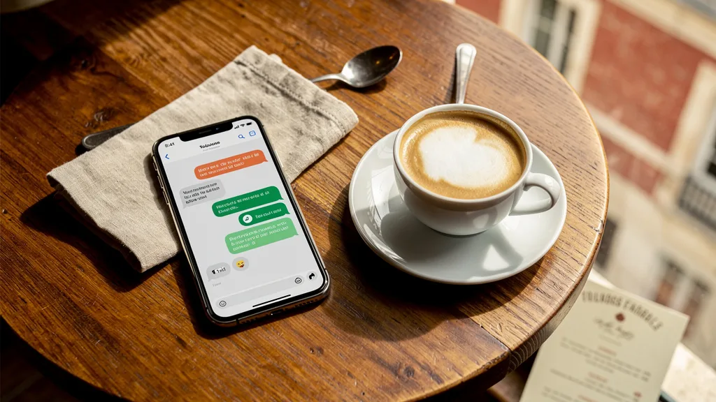 Smartphone et application de rencontre sur une table de cafe a Toulouse