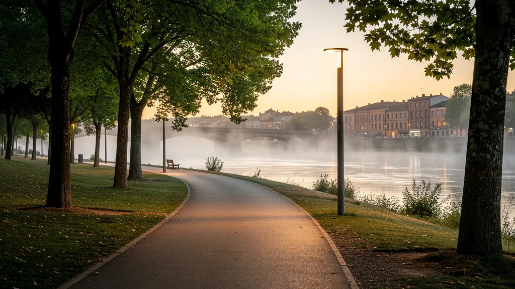 Allee d un parc en bord de riviere au crepuscule a Toulouse