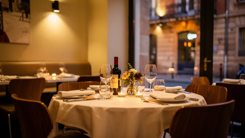 Table en tete-a-tete dans un restaurant a la lumiere tamisee a Toulouse