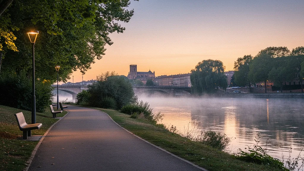 Allee d un parc en bord de riviere au crepuscule a Toulouse